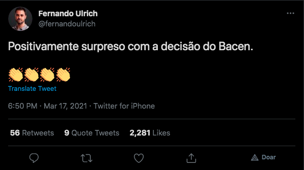 Fernando Ulrich exalta decisão do Bacen em aumentar taxa de juros. Fonte: Twitter