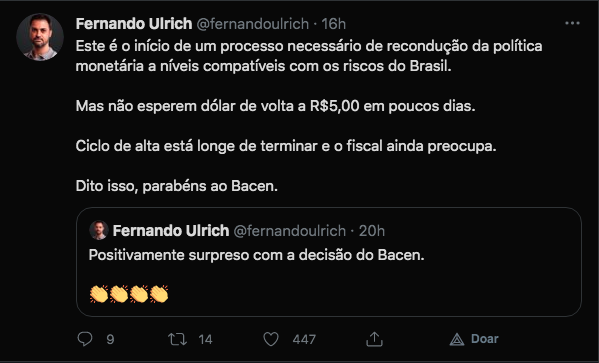 Economista alerta sobre o preço do dólar. Fonte: Fernando Ulrich/Twitter