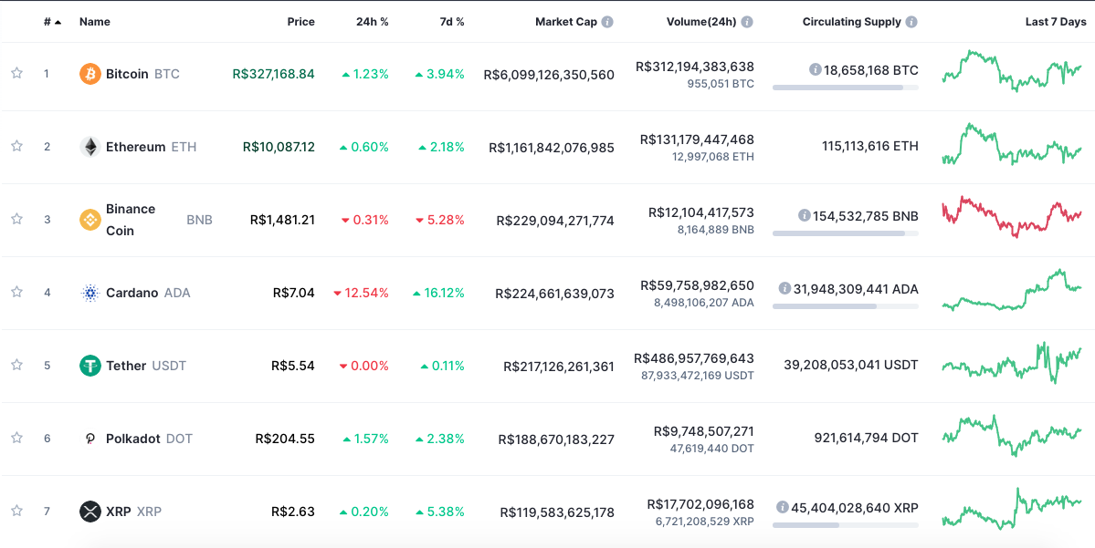 Desempenho da ADA perante seus pares. Fonte: CoinMarketCap