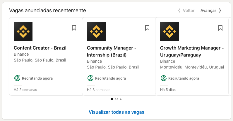 Vagas oferecidas pela Binance. Fonte: Perfil de vagas/LinkedIn.