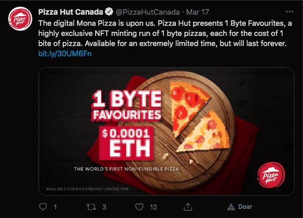 Pizza transformada em NFT. Fonte: Pizza Hut/Twitter.