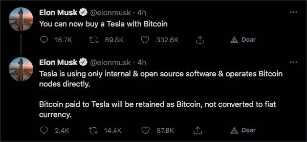 Musk anuncia novidades da Tesla em relação ao Bitcoin. Fonte: Elon Musk/Twitter