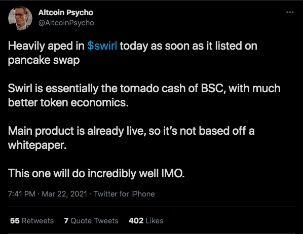 Trader elogia criptomoeda e BSC. Fonte: Altcoin Psycho/Twitter