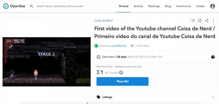 NFT com primeiro vídeo do canal Coisa de Nerd. Fonte: OpenSea.