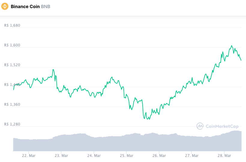 Valorização semanal BNB. Fonte: CoinMarketCap.