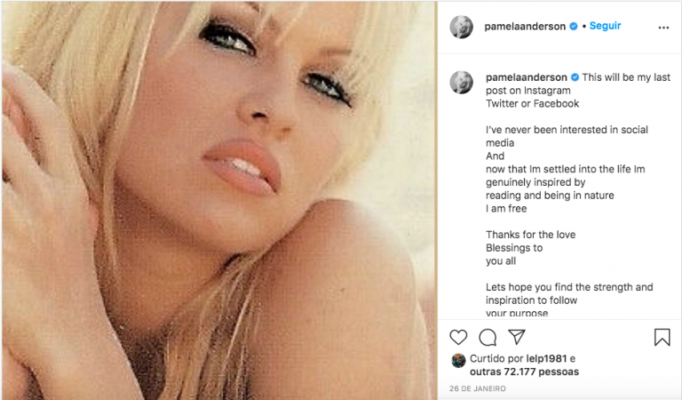 Última postagem de Pamela Anderson. Fonte: Instagram