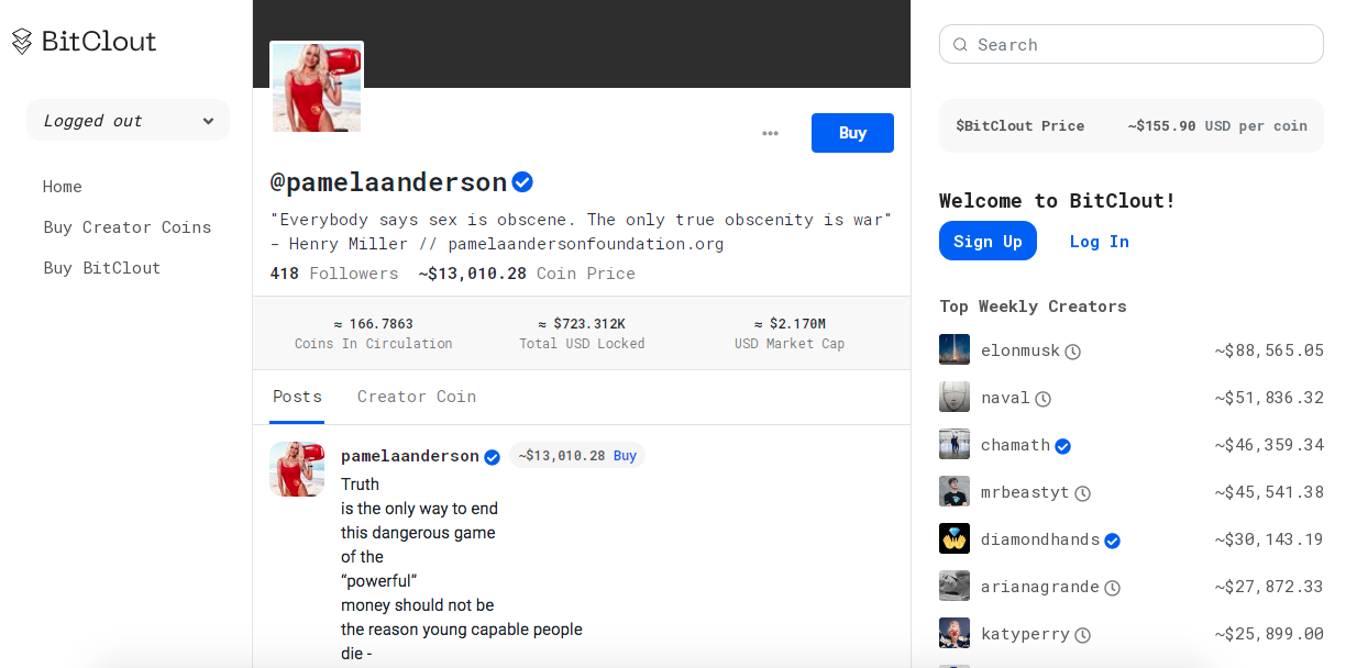 Perfil de Pamela Anderson com lista de usuários famosos da rede social (à direita). Fonte: BitClout