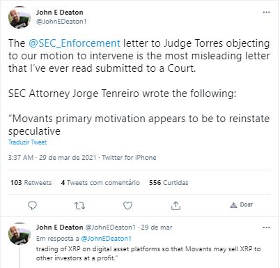 Deaton critica carta da SEC. Fonte: John Deaton/Twitter