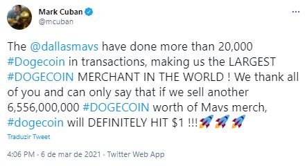 Cuban acredita na DOGE a US$ 1. Fonte: Mark Cuban/Twitter