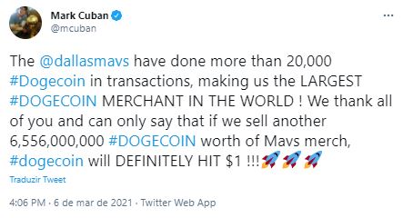 Cuban acredita na DOGE a US$ 1. Fonte: Mark Cuban/Twitter