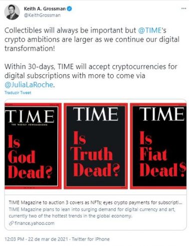 Time aceitará criptomoedas para assinatura. Fonte: Keith Grossman/Twitter