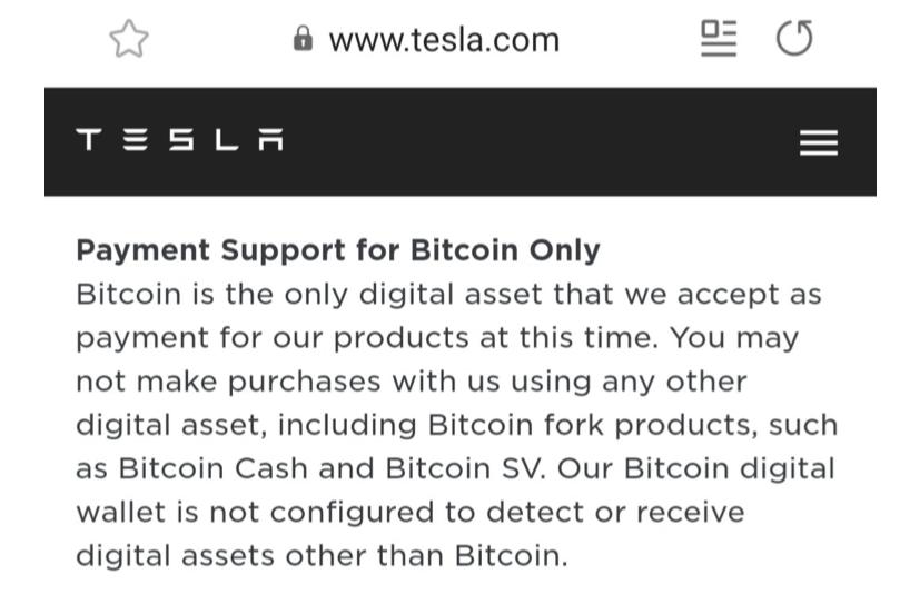 Tesla ressalta: pagamentos apenas com o verdadeiro Bitcoin. Fonte: site oficial. Tesla ressalta: pagamentos apenas com o verdadeiro Bitcoin. Fonte: site oficial.
