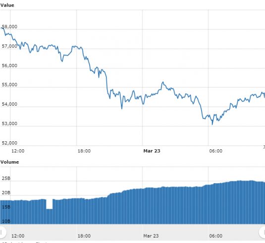 Gráfico com as variações de preço do Bitcoin nas últimas 24 horas. Fonte: WorldCoinIndex