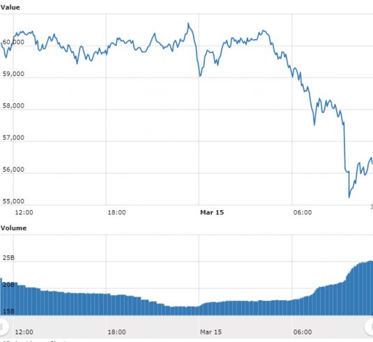 Gráfico com as variações de preço do Bitcoin nas últimas 24 horas. Fonte: WorldCoinIndex