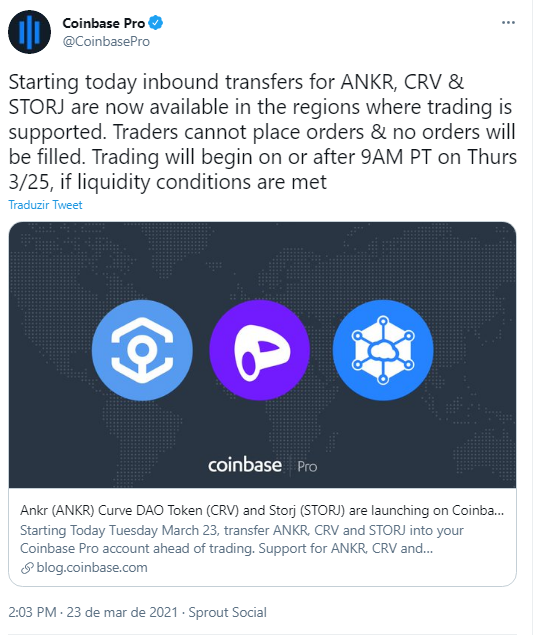 Coinbase anuncia ingresso de três criptomoedas à listagem. Fonte: Coinbase/Twitter