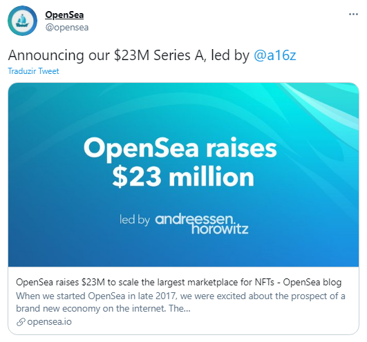 OpenSea anuncia fundo de financiamento a projeto de expansão de mercado. Fonte: OpenSea/Twitter
