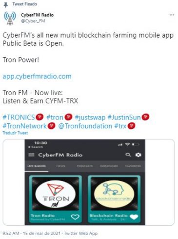 Plataforma anuncia app. Fonte: CyberFM/Twitter