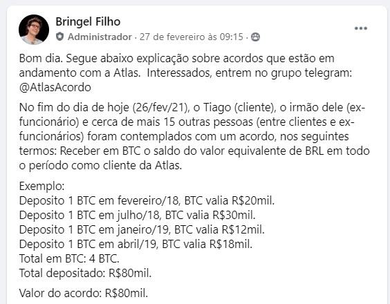 Supostos termos de novo acordo da Atlas com os investidores. Fonte: Facebook