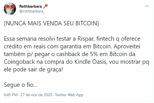 Investidora brasileira comprova que é possível pagar um produto com o valor do seu próprio cashback em BTC. Fonte: Rothbarbara/Twitter