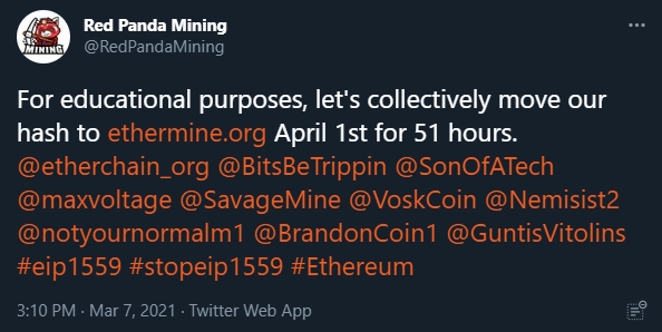 Mineradores planejam boicote do Ethereum. Fonte: Red Panda Mining/Twitter