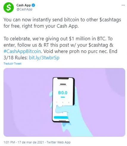 Usuários poderão enviar BTC de graça. Fonte: Cash App/Twitter