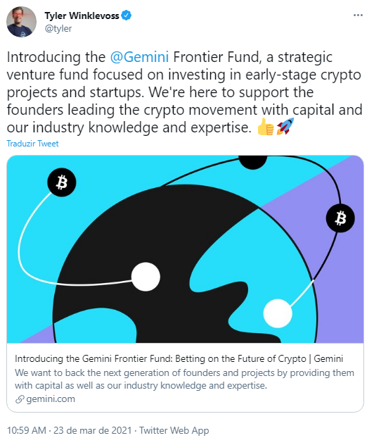 Tyler Winklevoss anunciou novo fundo de risco da Gemini. Fonte: Tyler Winklevoss/Twitter