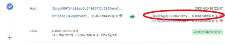 Transação de Bitcoin recebida por cliente da Altas. Fonte: Blockchain.com