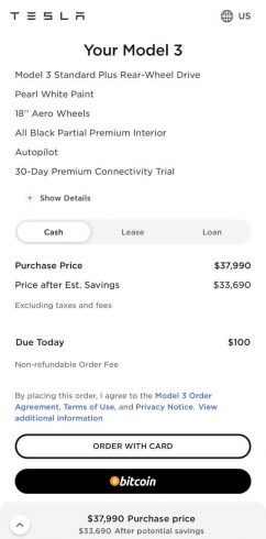 Layout da área de pagamento da Tesla com opção de Bitcoin. fonte: site oficial. Layout da área de pagamento da Tesla com opção de Bitcoin. fonte: site oficial.