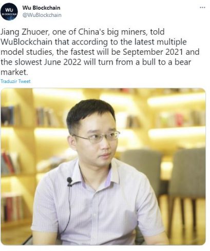 Minerador prevê fim da alta do Bitcoin. Fonte: Wu Blockchain/Twitter