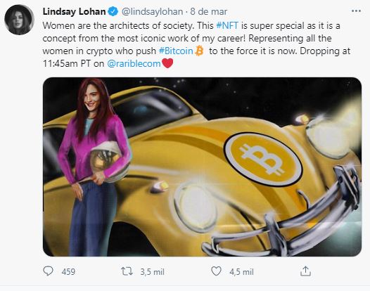 Atriz Lindsay Lohan comenta sobre seu NFT. Fonte: Lindsay Lohan/Twitter
