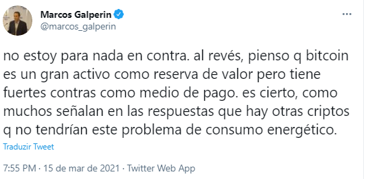 Marcos Galperin critica o Bitcoin. Fonte: Marcos Galperin/Twitter