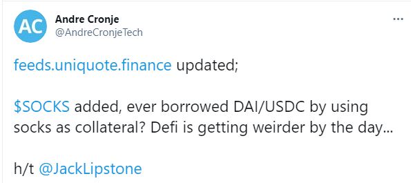 Fundador do protocolo Yearn Finance comenta sobre SOCKS ser usado como empréstimo. Fonte: Andre Cronje/Twitter