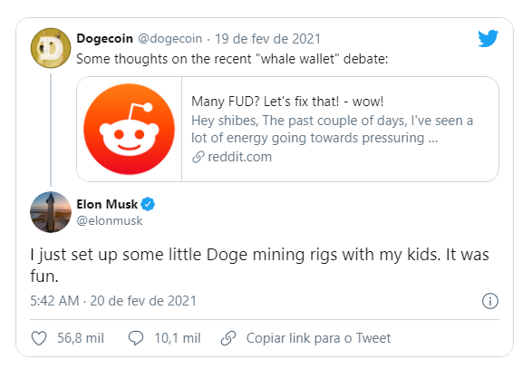 Elon Musk fala sobre minerar Dogecoin. Fonte: Elon Musk/Twitter