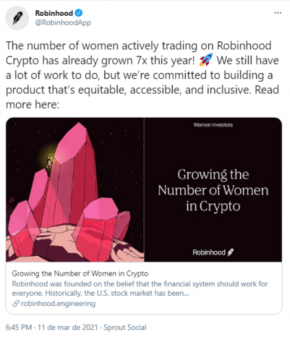 Aplicativo Robinhood comenta dados sobre negociações realizadas por mulheres. Fonte: Robinhood/Twitter