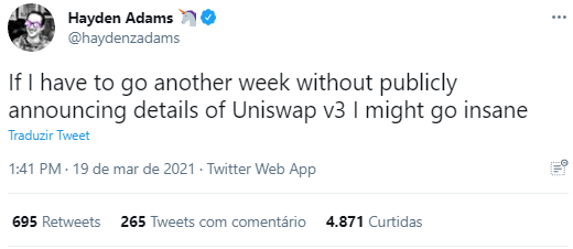 Hayden Adams comenta sobre o Uniswap v3. Fonte: Hayden Adams/Twitter