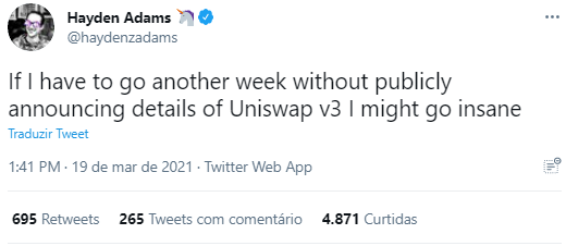 Hayden Adams comenta sobre o Uniswap v3. Fonte: Hayden Adams/Twitter Hayden Adams comenta sobre o Uniswap v3. Fonte: Hayden Adams/Twitter