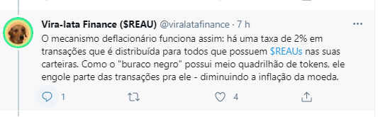 Criptomoeda meme explica seu mecanismo deflacionário. Fonte: Vira-lata Finance/Twitter