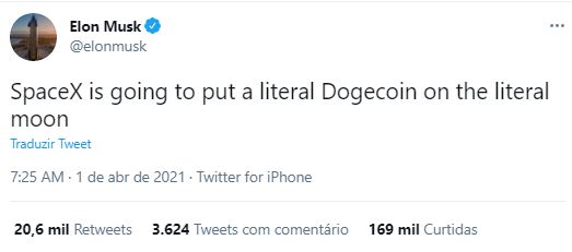 Elon Musk publica no Dia da Mentira que SpaceX levará a Dogecoin à lua. Fonte: Elon Musk/Twitter