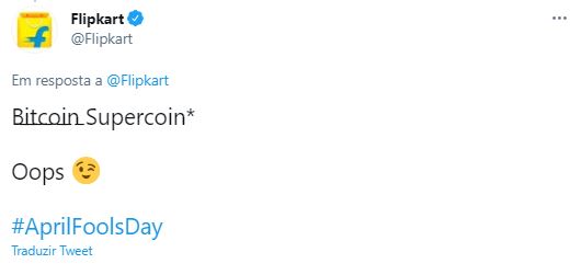 Flipkart faz brincadeira com Bitcoin no Dia da Mentira. Fonte: Flipkart/Twitter