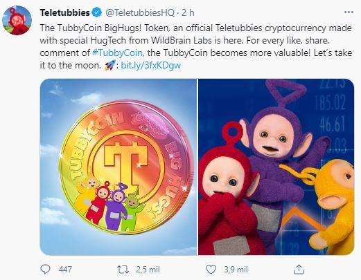 Teletubbies "cria" criptomoeda no Dia da Mentira. Fonte: Teletubbies/Twitter