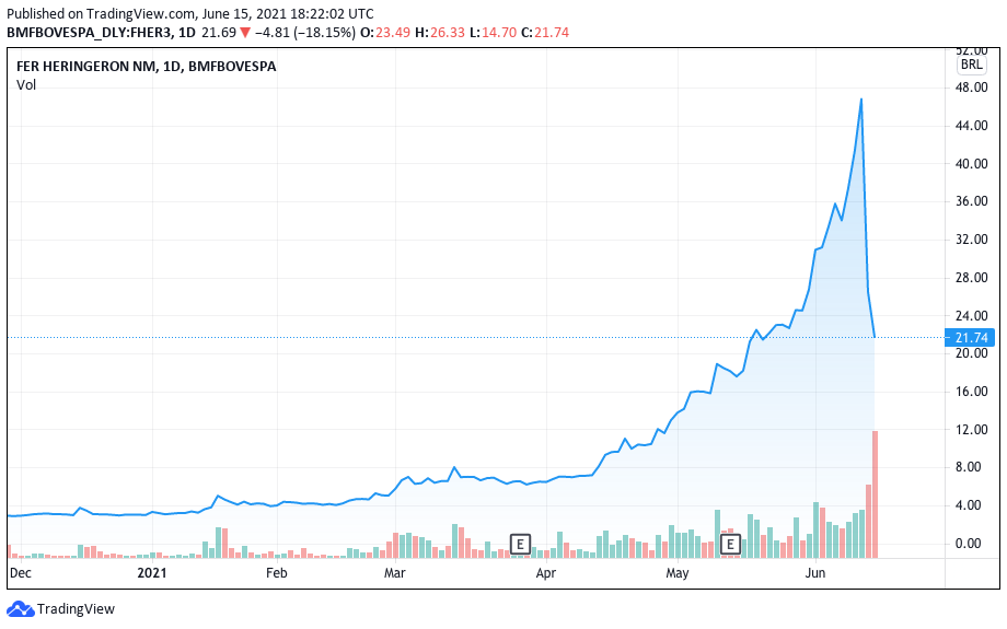 Desempenho das ações da Heringer em 2021. Fonte: TradingView.