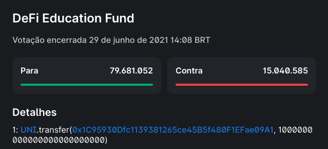 Votação que aprovou financiamento ao DeFi Education Fund. Fonte: Uniswap.