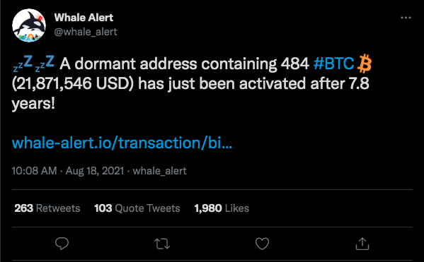 Transação de 484 BTC revelada nesta quarta-feira. Fonte: Whale Alert/Twitter.