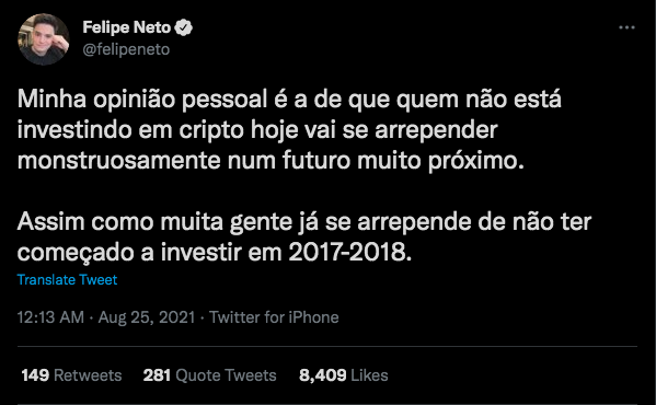 Fonte: Felipe Neto/Twitter.