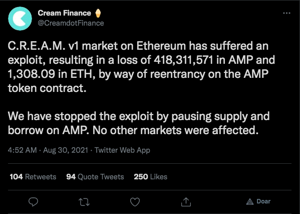 Cream anuncia ataque em seu protocolo. Fonte: Cream Finance/Twitter.