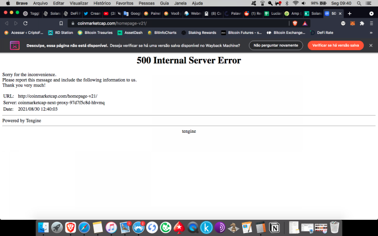 Tela de Erro 500 indica ataque ao CoinMarketCap.