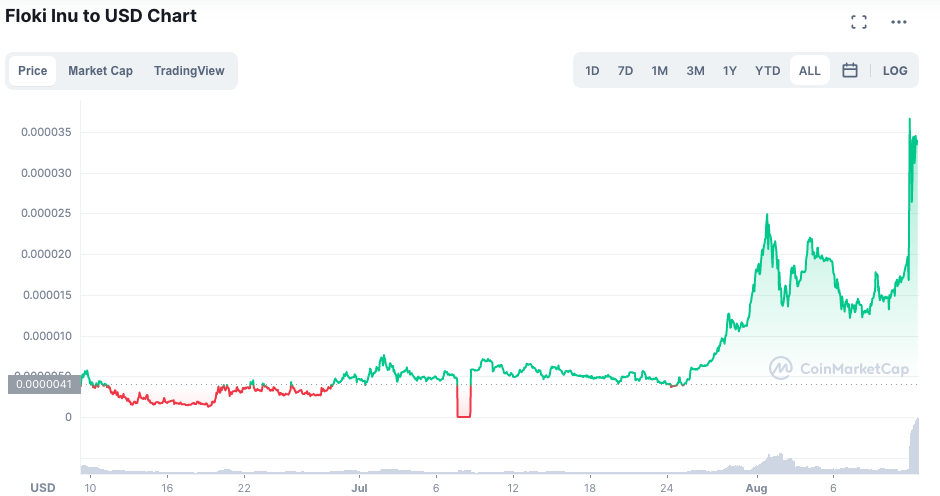 Valorização da FLOKI desde seu lançamento. Fonte: CoinMarketCap.