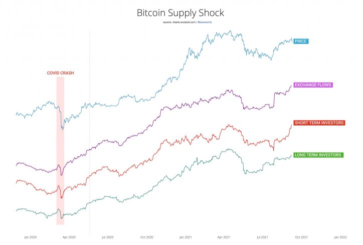 Histórico de choques de oferta do BTC. Fonte: Willy Woo/Twitter.