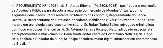 Lista de convocados para audiências sobre PL das criptomoedas. Fonte: Câmara Federal.