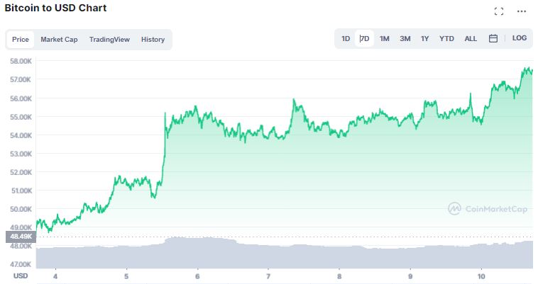 Gráfico de preço semanal do Bitcoin. Fonte? CoinMarketCap